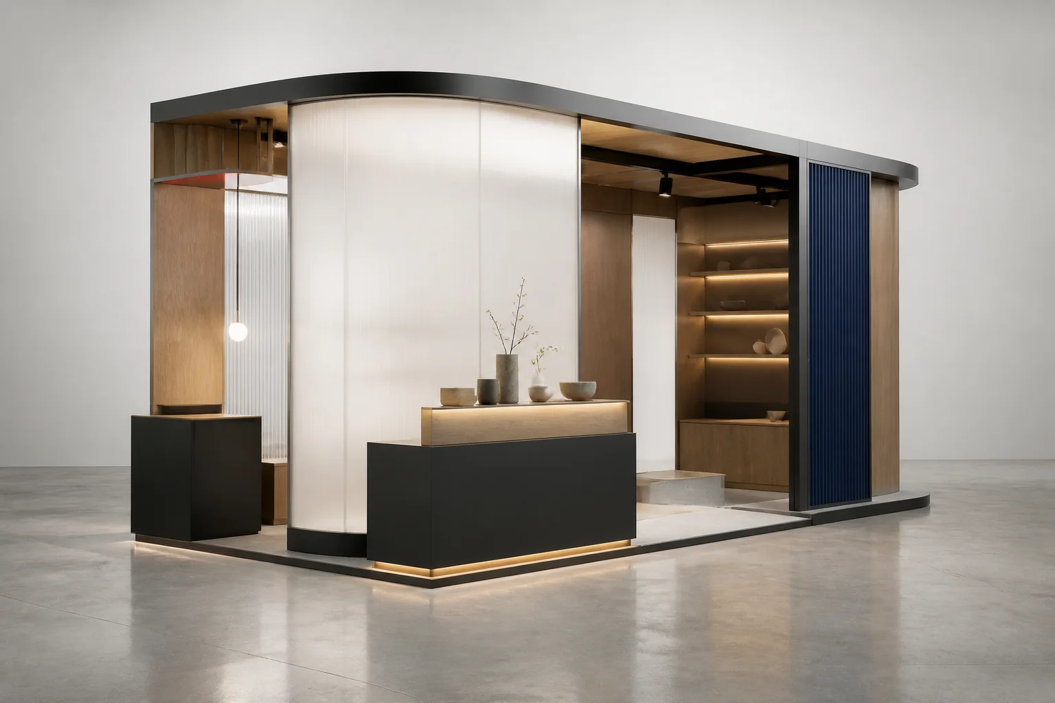 Visualisasi 3D booth modular dengan material kayu, panel putih, dan aksen biru